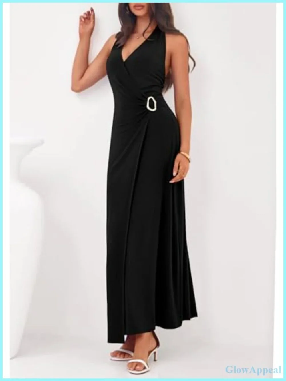Elegant Halter V-Neck Tie Backless Midi Dress for Wedding Guest Cocktail Party